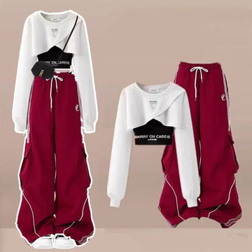 Women's Spring Autumn Fashion Short Sweatshirts Letter Sling Cargo Pants 1 or Three Piece Set Lady Crop Tops Trousers Outfits
