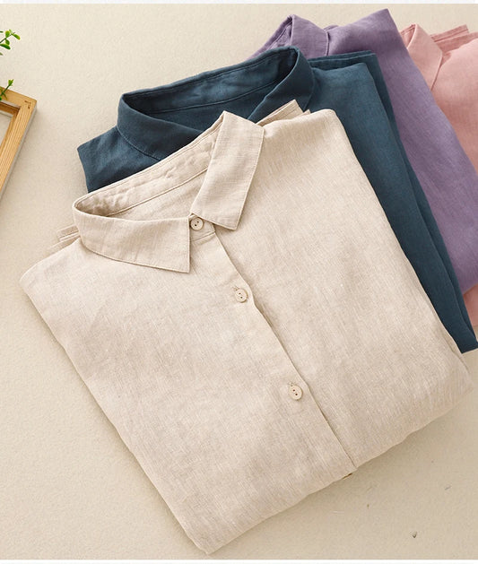 Cotton shirt female spring and autumn new fashion Japanese literature elegant solid color versatile long-sleeved casual blouse
