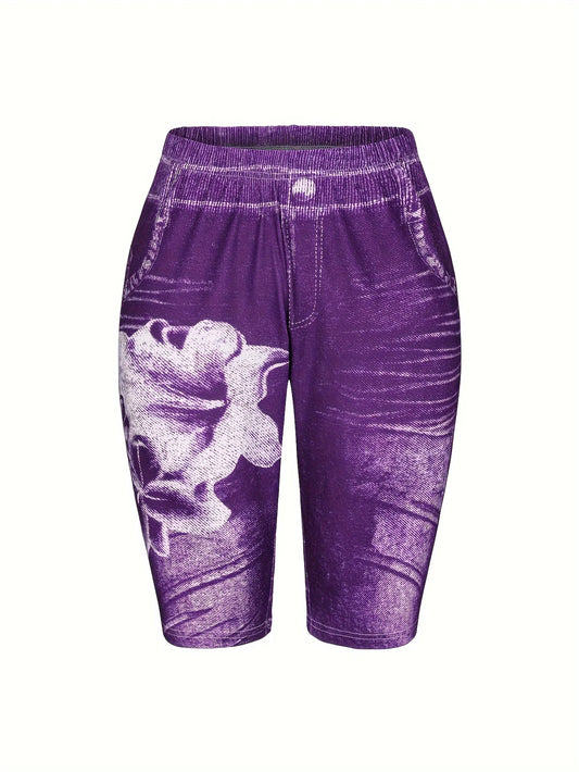 3-Piece Set Of Lily Flowers New Fashionable Denim Inspired Slim Fitting Shorts Women's Casual Leggings High Elasticity