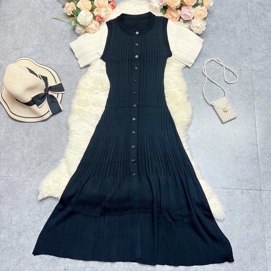 YuooMuoo Brand Fashion Knitted Long Dress Women French Style Flare Sleeve Letter Buttons Elegant Sweater Dress Lady Party Dress