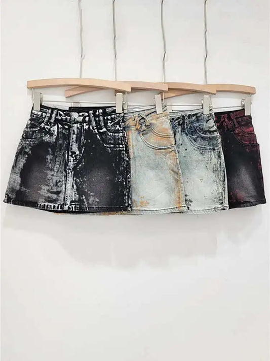 DEAT Women's Denim Skirt Tie-dye Do Old Washed Slim A-line High Waist Printed Retro Mini Skirt 2025 Summer New Fashion 29L7669