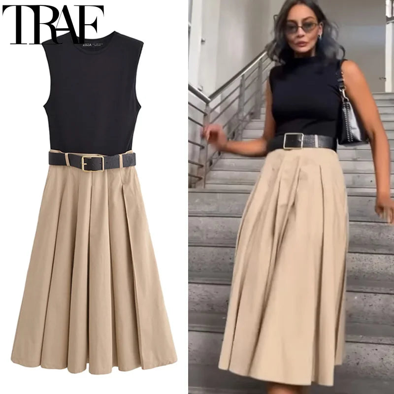 TRAF Womens Dresses 2025 Sleeveless Patchwork Long Dress Summer Pleated Elegant Party Dresses Belted Casual Midi Dresses 088