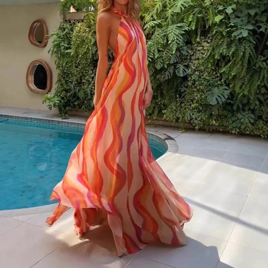 2025New Style Foreign Trade Independent Station European and American Women's Dress New Printed Halter Neck Backless Holiday Dre