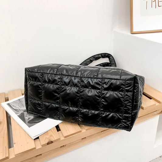 Puffer Bag Tote Purse Soft Women Work Tote Bag with Zipper Quilted Lattice Handbag Female Nylon Shopping Bag Solid Color Handbag