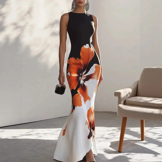 Elegant Long Printed Dress Sleeveless New Style Knee-Length round Neck Cross-Border Independent Station Dress for Women