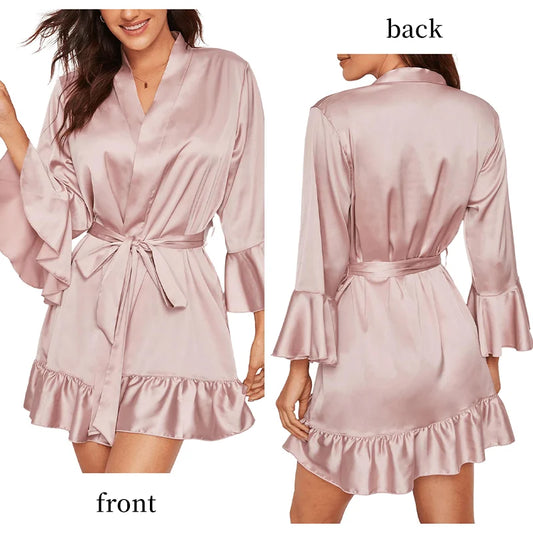 Women's Satin Nightgown Imitation Silk Solid Color Lotus Leaf Edge Cuff Belt Mini Skirt Women's Casual Nightgown ﻿