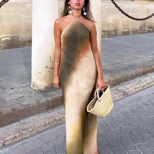 TRAF Women's Long Dresses 2024 Summer Elegant Party Evening Midi Halter Dress Ladies Fashion Sleeveless Backless Long Dresses