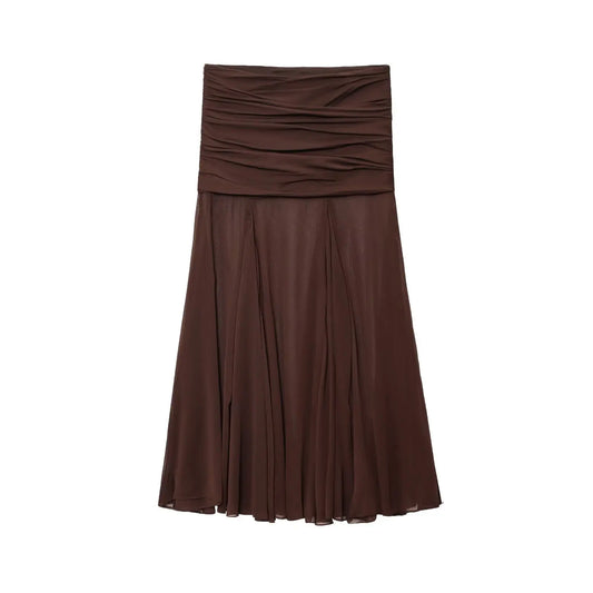 ZBZA Women's Translucent Pleated Design Skirt Mid-length Side Zipper Solid Color A-line Skirt New Summer Casual Simple Skirt