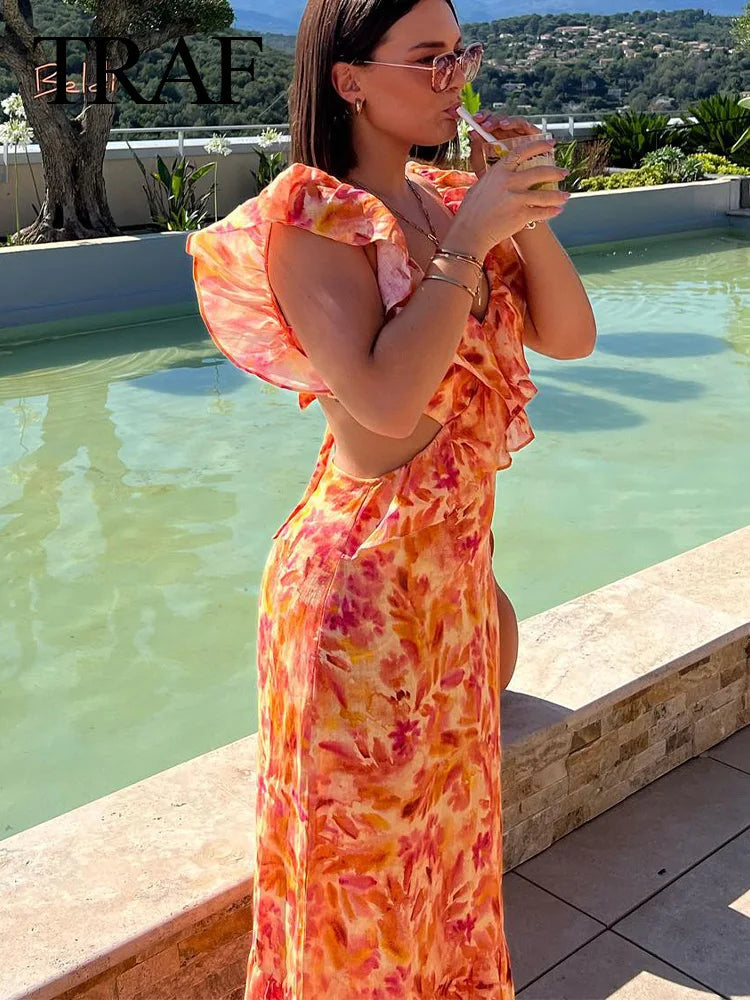 TRAFZA Summer Fashion Women Sexy V-neck Sleeveless Backless Orange Dress Ruffle Print Hollow Out Women's Long Dresses For Beach