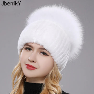 2025 New Style Women Real Genuine Fox Fur Beanies Hat Girls Natural Real Rex Rabbit Fur Skullies Cap Knit Winter Real Fur Hats