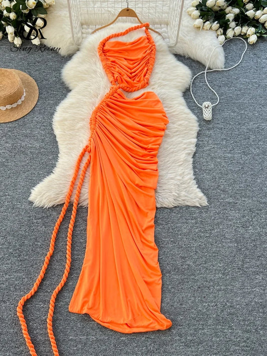 SINGREINY Hollow Out Split Beach Long Dress 2025 Strap Chic Drawstring Backless Sexy Sundress Streetwear Ruched Solid Maxi Dress