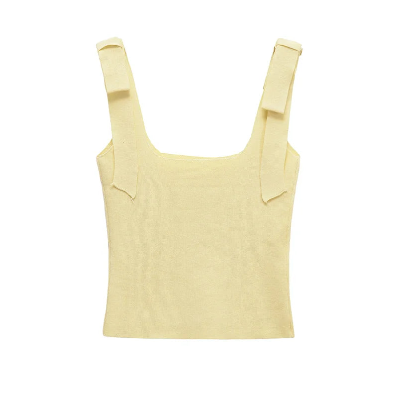 Casual Chic Women Tops Solid Bow Sleeveless Short Slim Vest New Fashion 2025 Spring Summer Holiday Female Tops ﻿