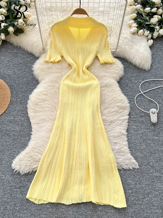 SINGREINY Fashion Knit OL Long Dress Women V Neck Single Breasted Elastic Slim Sundress 2025 Korean Simple Style Stripe Dress