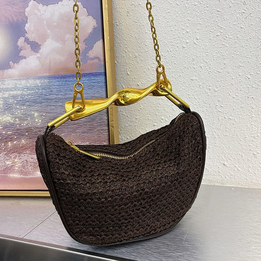 Metal Handle Straw Bags for Women Half Moon Rattan Woven Chain Shoulder Bag Bohemian Travel Beach Bag Designer Crossbody Handbag