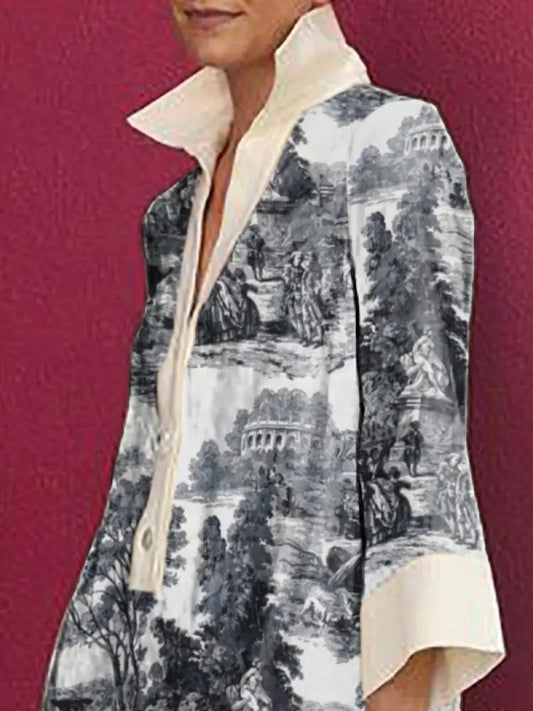 Yeezzi Female Vintage Elegant Printed Party Evening Mini Dresses 2025 New Long Sleeves Loose H-line Lapel Shirts Dress For Woman