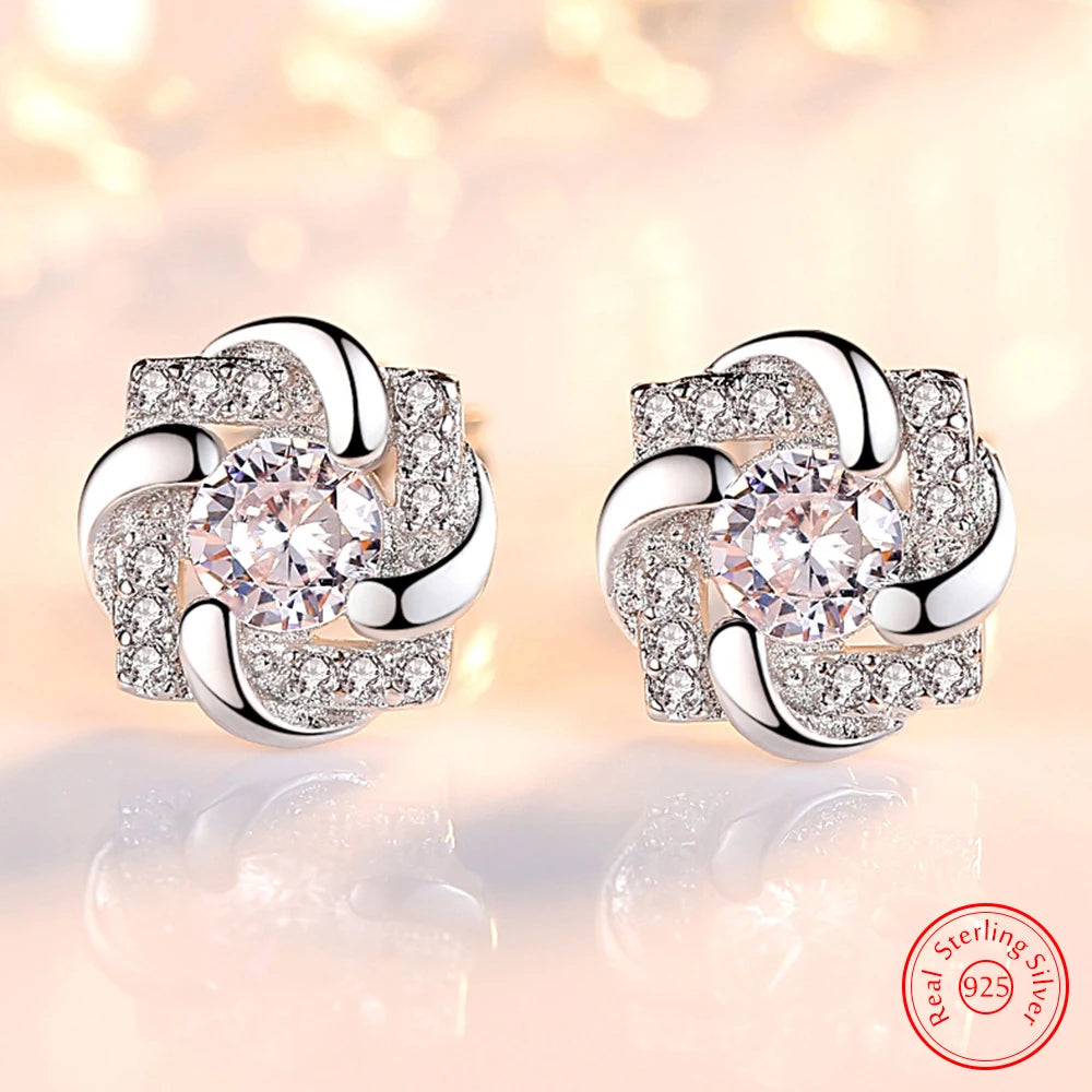 Solid 925 Sterling Silver Crystal Zircon Jewelry Trendy Flower Stud Earrings For Woman New XY0299