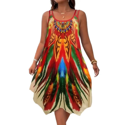 Plus Size 1XL-5XL Women's New Full Body Printed Slim Shoulder Strap Fashionable Dress