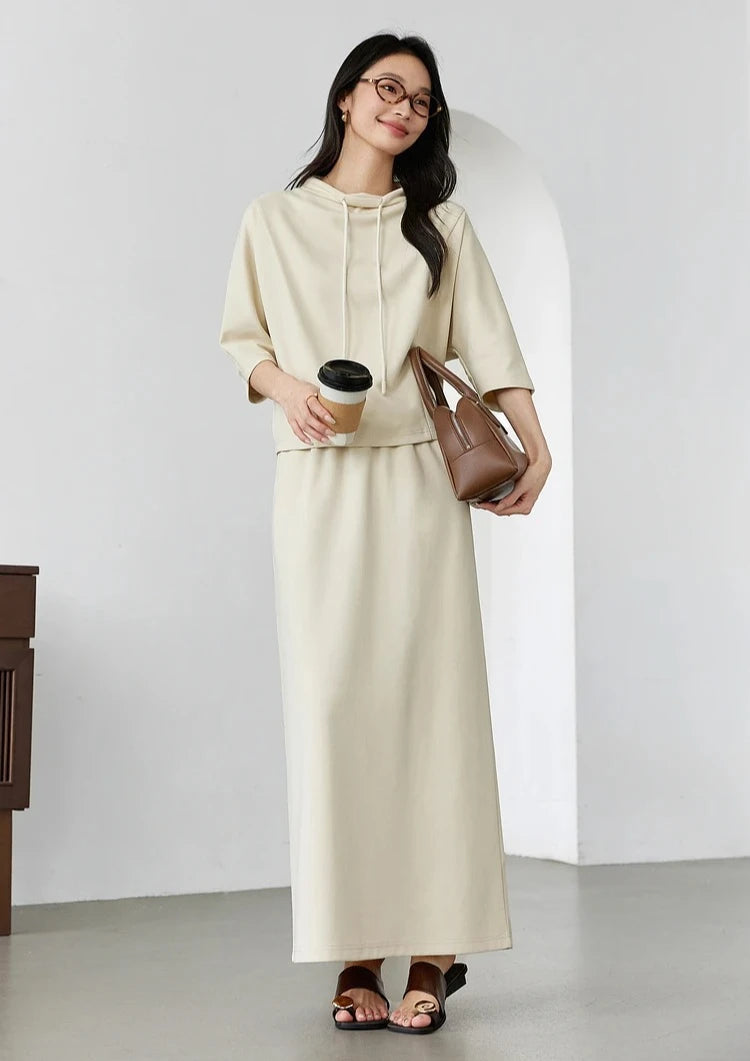 VIMLY Fashion Women's Skirt Sets 2 Piece Outfits Woman 2025 Spring Autumn Drawstring Top and Maxi Skirt Female Clothing A0231