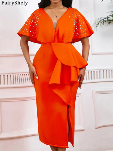FairyShely 2025 Solid Short Sleeve Plus Size Dress Sexy Women Ruffle Large Big Dresses Lady V Neck Party Tight Curvy Dress