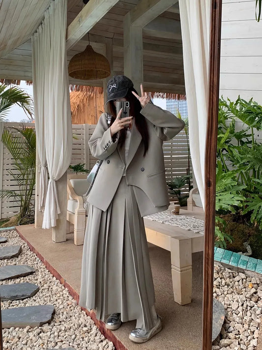 Fashion Gray Green 2 Pcs Set Blazer Suit Women Spring 2025 Blazer Irregular Pleated Full-length Skirts Chic Suit Ladies Outfits