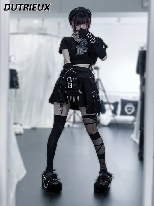 Casual High Waist Skirts for Women Japanese Mine Series Punk Style Summer Autumn Pocket Metal Buckle Denim Cuffs Gloves