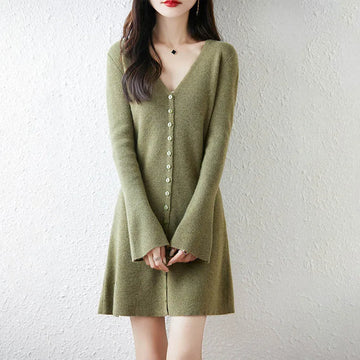 100% Wool V-Neck Multi Button Cardigan Dress Women's AutumnWinter Bell Sleeve Soft And Warm Solid Color Pullover Loose Knit Top