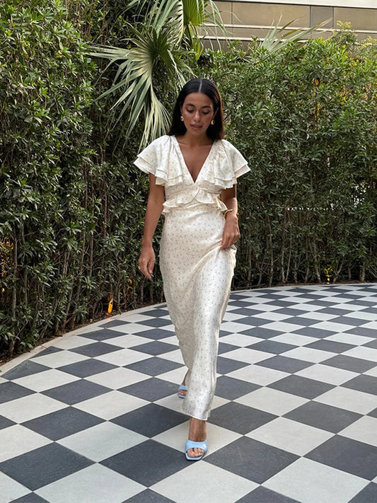 Elegant Floral Printed Ruffle Hem Dress Women's Chic V-neck High Waisted Slim Fit Long Dresses 2025 Summer Holiday Vestidos Lady