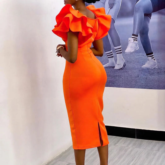 Elegant Bodycon Dresses for Woman Square Neck Ruffles Sheath Solid Package Hips Mid Calf Luxury Birthday Party Vestidos Mujer