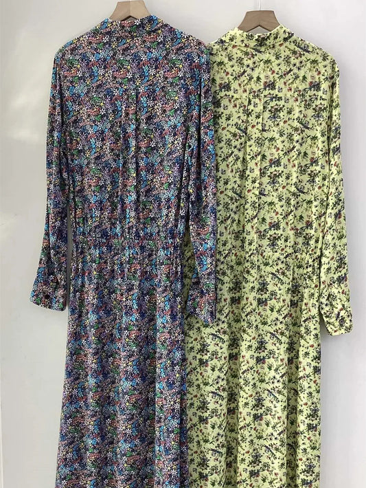 Letter Floral Printed Ladies Single Breasted Waist Drawstring Mid-Length Dress Spring New