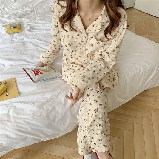 Spring New Long-Sleeved Pajamas Female Rustic Style Floral Imitation Cotton Wrinkled Cloth Loose Girls Sweet Pajamas Homewear Se