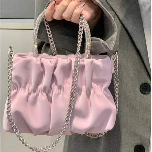 Rhinestone Portable Shoulder Bag Female 2023 Summer New Ladies Party Pleated Cloud Chain Crossbody Bag Solid Color Evening Bags