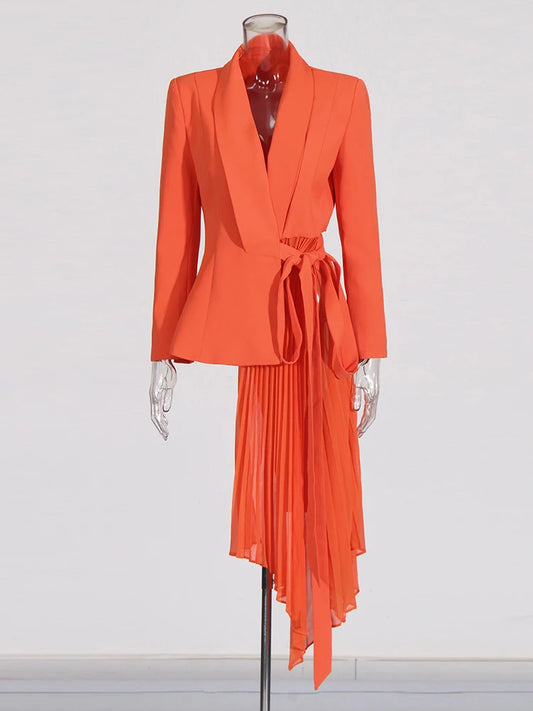Designer Solid Spliced Ruffles Blazer For Women Notched Collar Long Sleeve Patchwork Lace Up Slim Runway Coat Female Fashion
