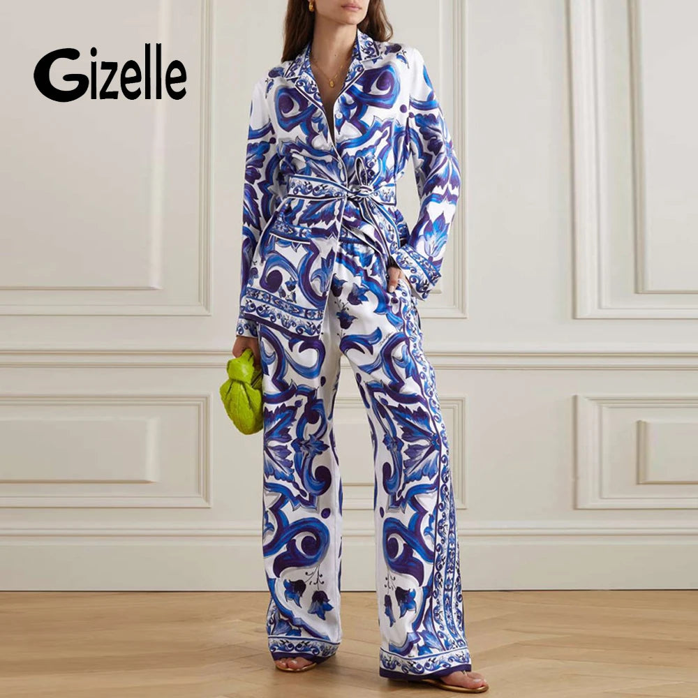 Gizelle High Street Runway Floral Print Notched Collar Blouse & Wide Leg Pants Fashion 2 Pieces Sets Women Chic Designer Outfits