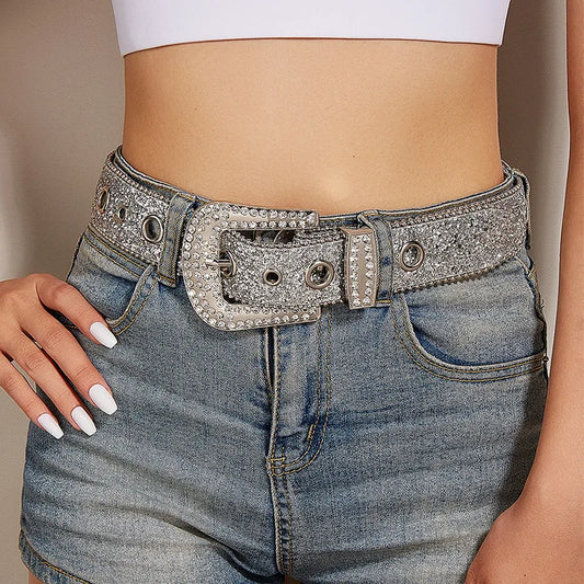 Stylish Rhinestone Western Cowgirl Style Y2K Belt Sparking Pu Leather BB Belts Jeans Dress Accessories For Women