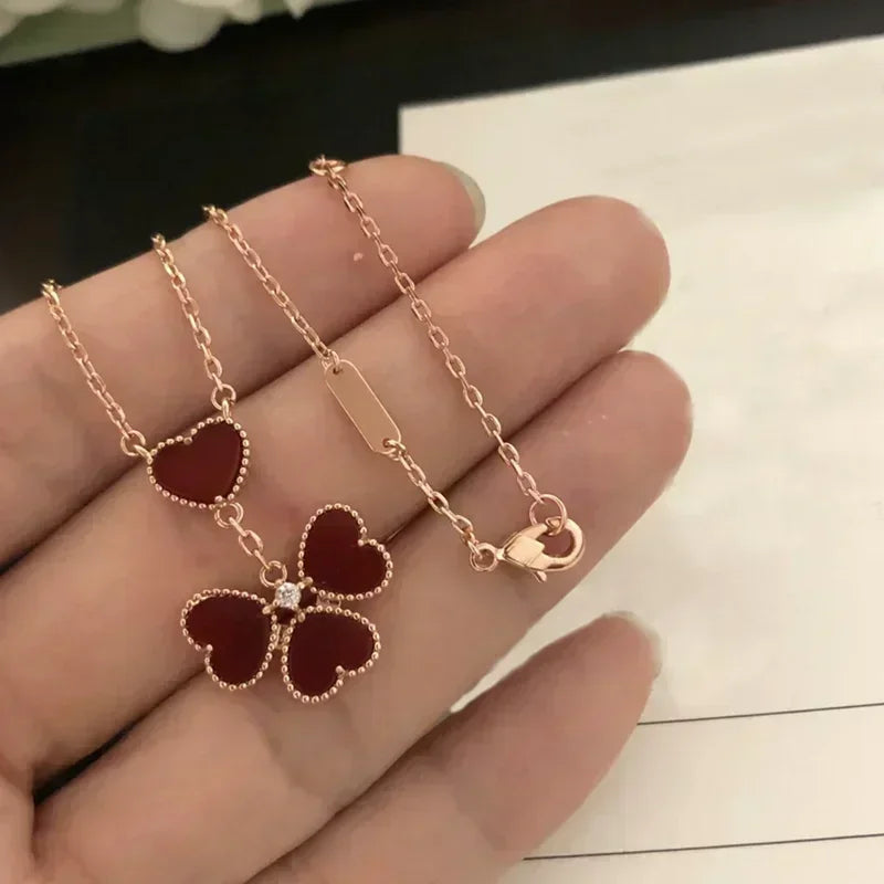 Sterling Silver High Quality Exquisite Red Agate Four-Leaf Clover Love Earrings Necklace Women Morale Luxury Jewelry