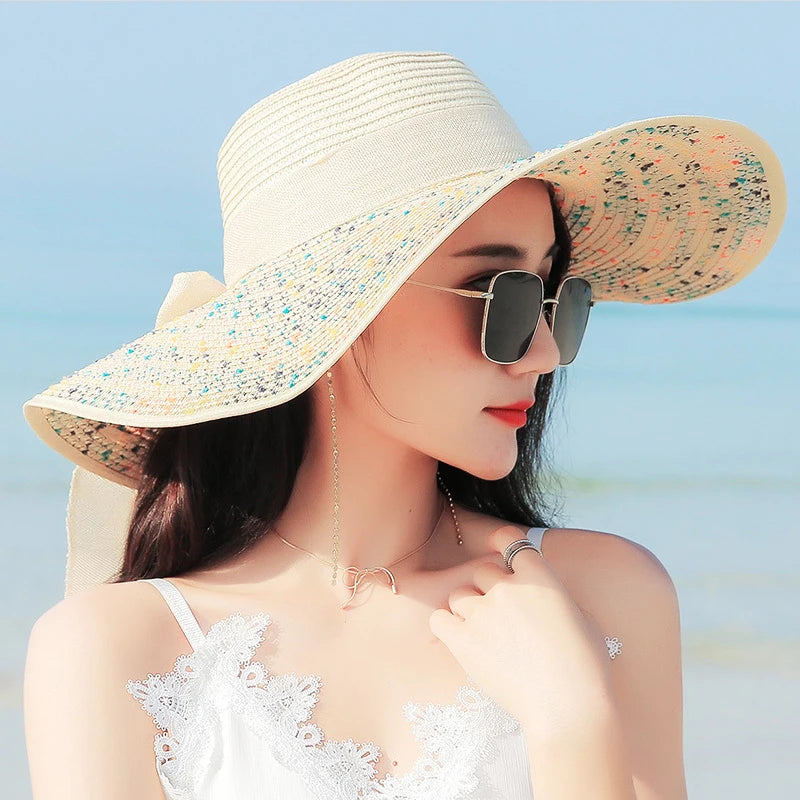 Summer Women Big Brim Straw Bow Hat Sun Fashion Wide Brim Floppy Panama Cap Outdoor Foldable Uv Protect Travel Femme Beach Hats