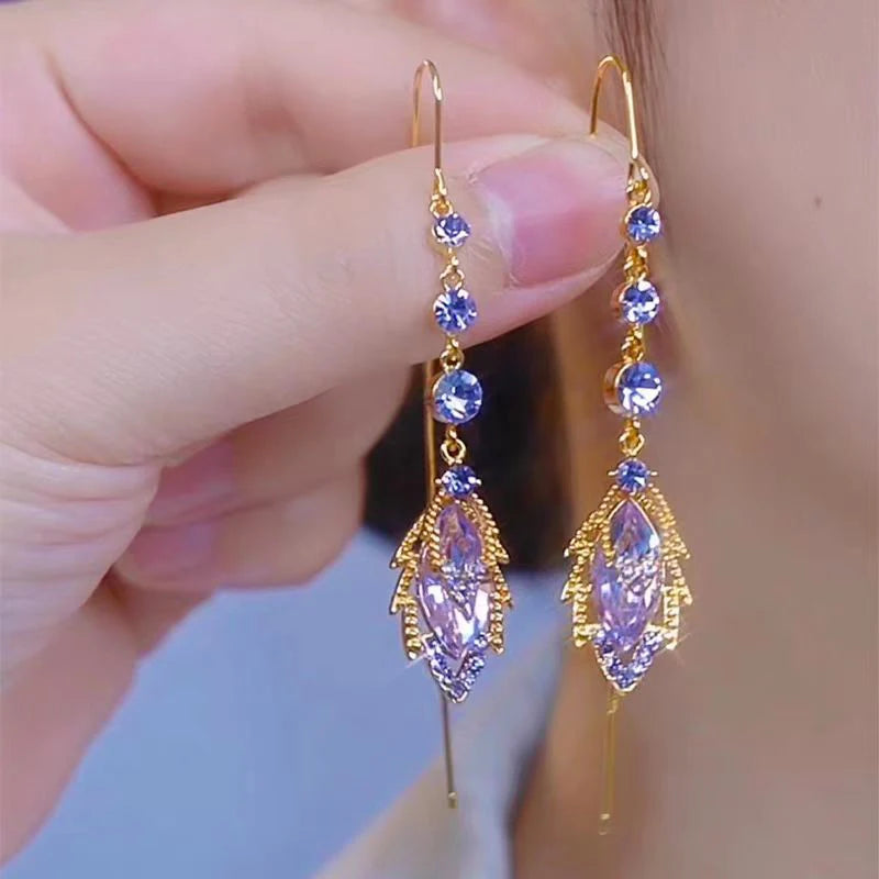 Elegant Purple Crystal Maple Leaf Long Tassel Ear Wire for Women New Fashion Exquisite Temperament Ladies Wedding Party Jewelry