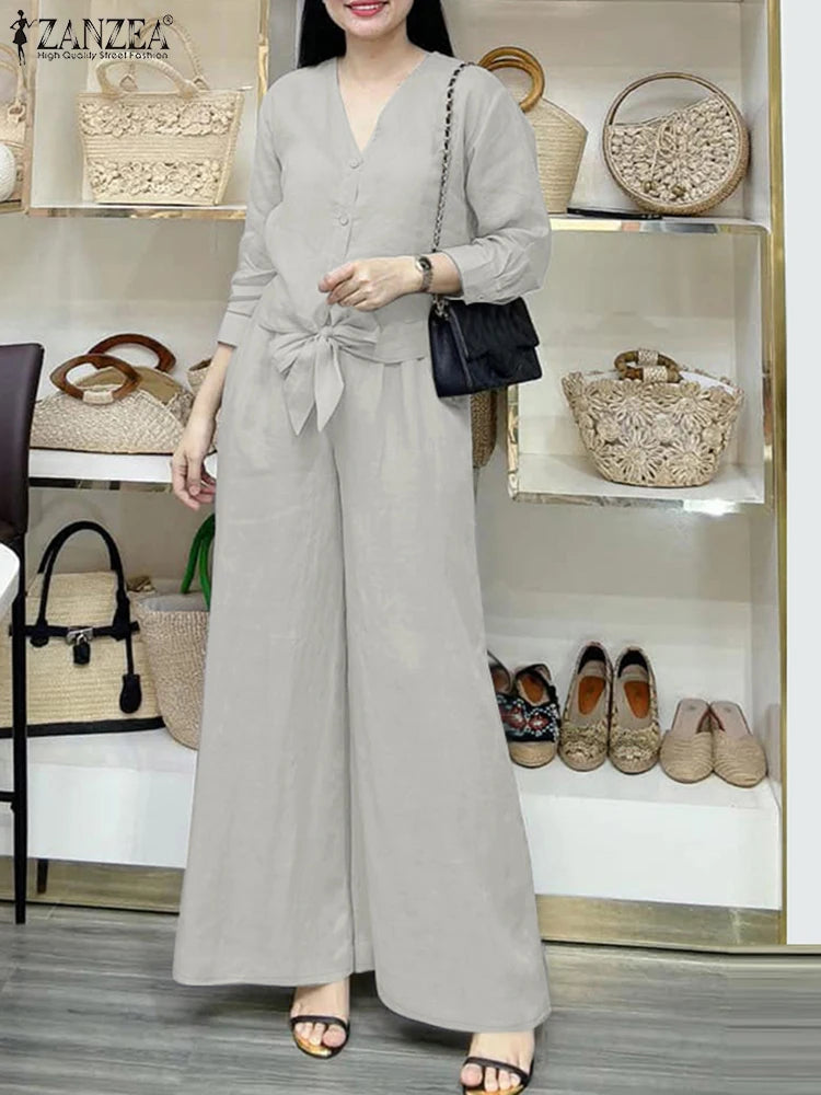 2025 ZANZEA Fashion Long Sleeve Blouse Pant Sets Spring Autumn Outfits 2PCS Women Work Matching Sets Casual Solid OL Tracksuits