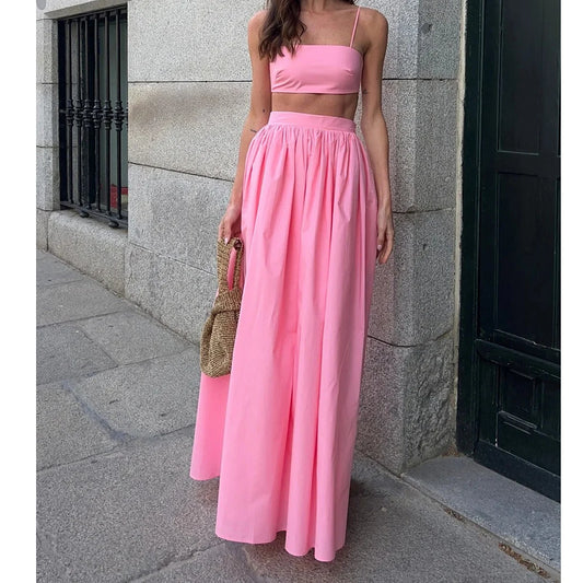 2025 Women Summer Two Pieces Suits Sleeveless 100% Cotton Tank Top With Long Skirt Two Pieces Women Sets Boho Ladies Outfits