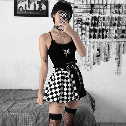 Y2K Houndstooth Color Block Mosaic Skirts Micro-trum Contrast Dark Style Pleated Skirts Women's High-waist Street Trend Skirts