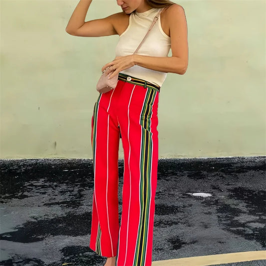 Fashion Striped Long Pants Women High Waist Pockets Straight Pants Wide Leg Trousers Female Contrast Chic Street Pants