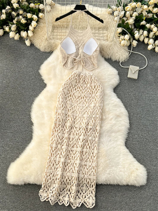 SINGREINY Vacation Two Piece Set Women Backless Camisole Halter Hollow Out Elastic Waist Long Skirt Summer Casual Knit Suit