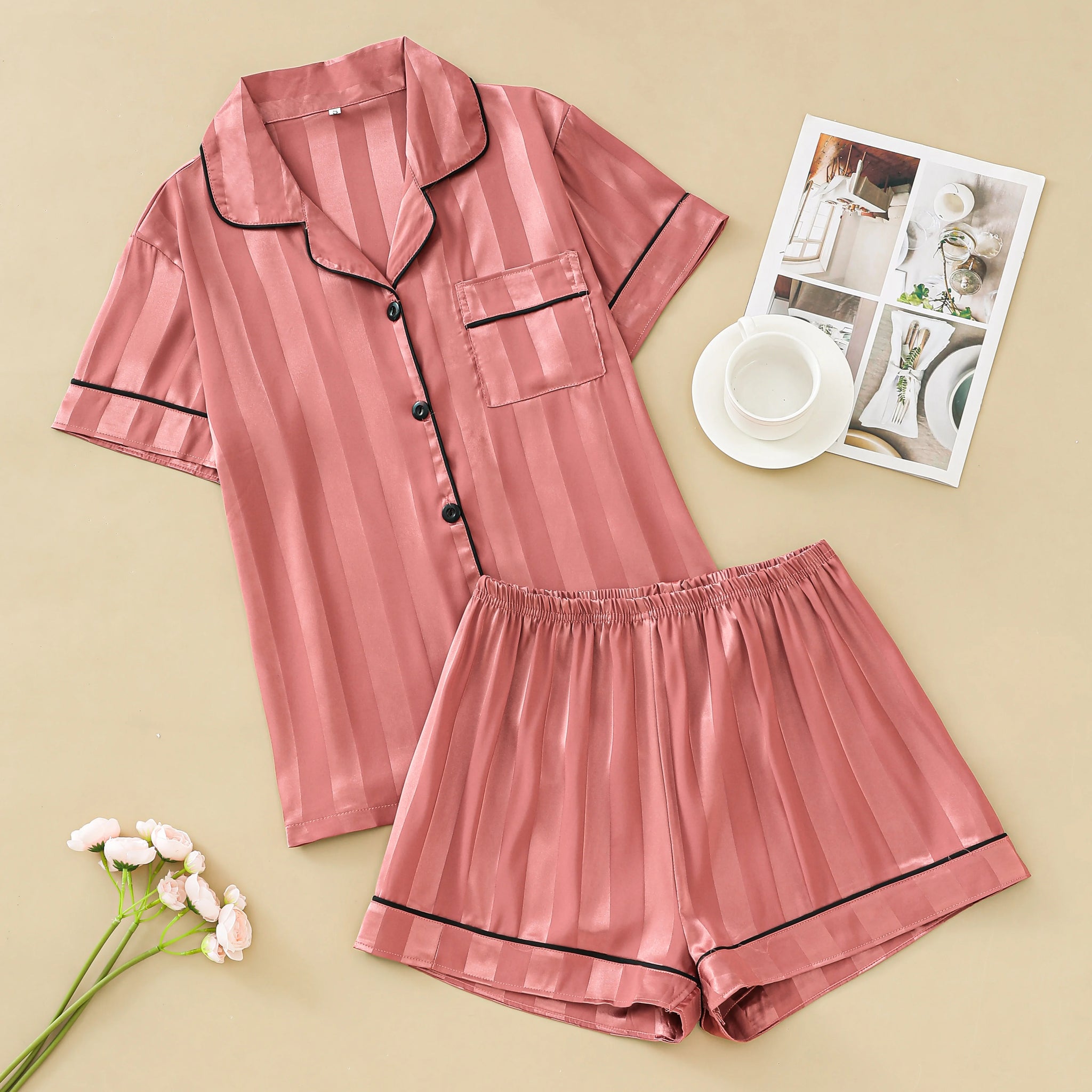 Striped jacquard satin pajama set for women short-sleeved blouse with lapels and loose shorts loungewear for women