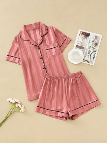 Striped jacquard satin pajama set for women short-sleeved blouse with lapels and loose shorts loungewear for women