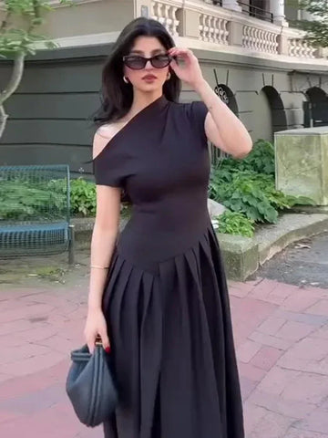 Summer Lady Patchwork Pleated Maxi Dress Chic Elegant Black Half-turtleneck Short Sleeve High Waist Dresses Office Street Robes