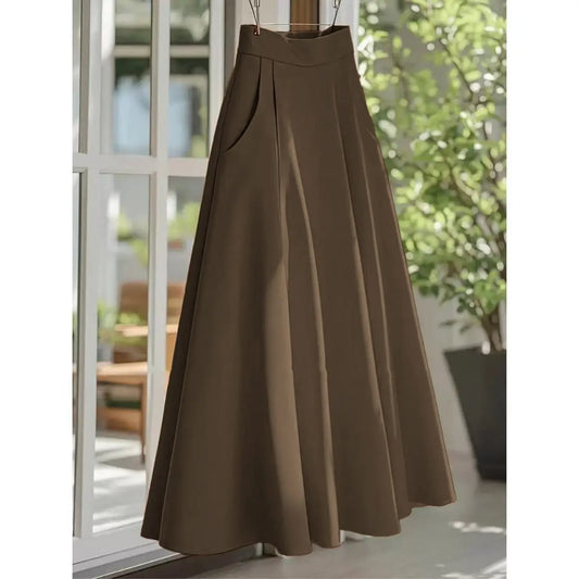 2025 Summer Women French Retro Long Solid Color Skirts Female High Waist Pockets Skirts Ladies Loose Casual A-line Skirt Z254