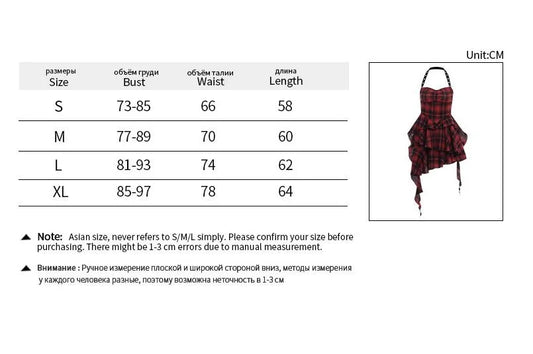 Red Women's Punk Grunge Layered Halterneck Plaid Mini Dress Off-Shoulder Irregular Hem Y2k E-girl Streetwear