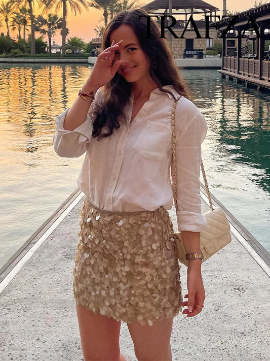 TRAFZA Women Summer Fashion Party Style Sequin Mini Slim Skirt Female Sexy Elegant Banquet Zipper High Waist Short A-Line Skirt