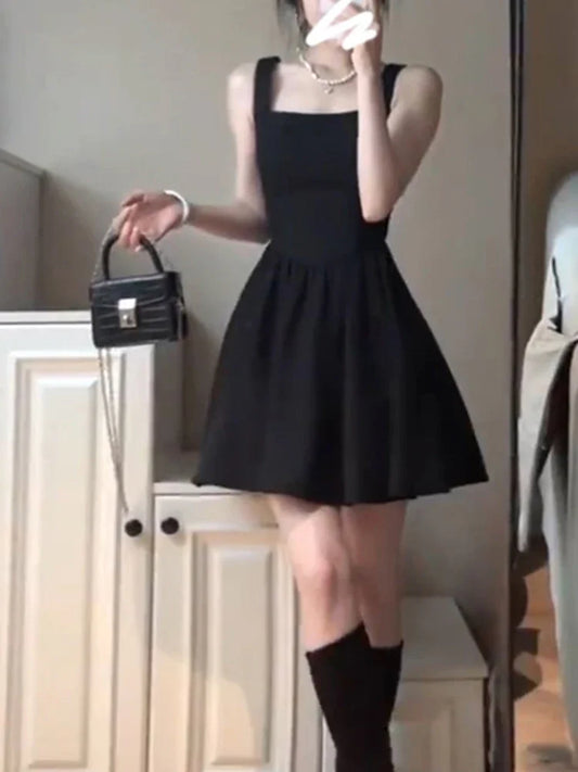 New French Solid Color Slim Woman Dress Sweet Elegant Ladies Women Dress Black Fashion Chiffon Sleeveless Dresses Female Chic