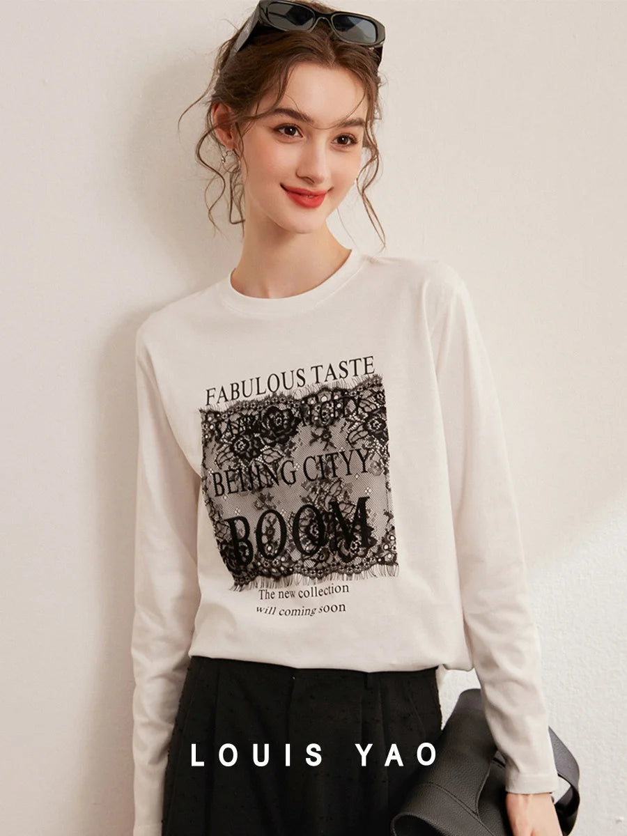 LOUIS YAO Women's T-Shirts 2025 Letter Printed T-Shirts with Casual Round Neck Splicing Lace Decoration Women's Long Sleeve Top